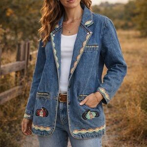 Vintage Jeanjer Jordache Denim Blazer M Embroidered Aztec‎ Western Jacket USA